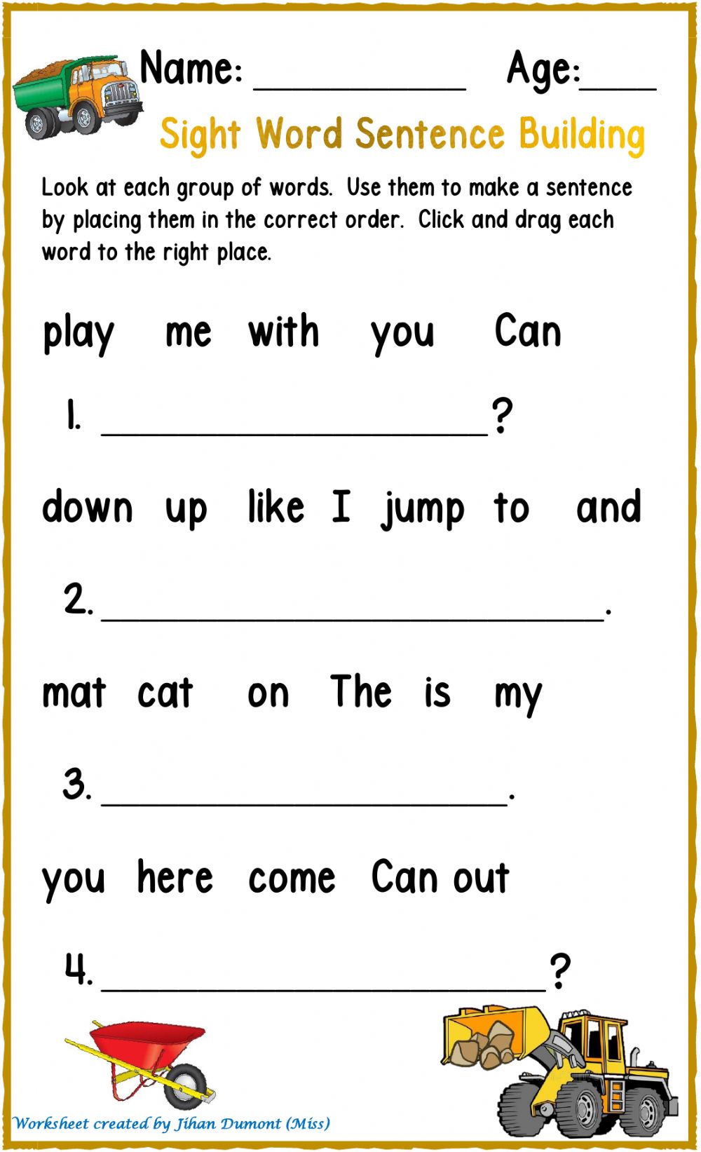 Sight Word Sentence Building Worksheet