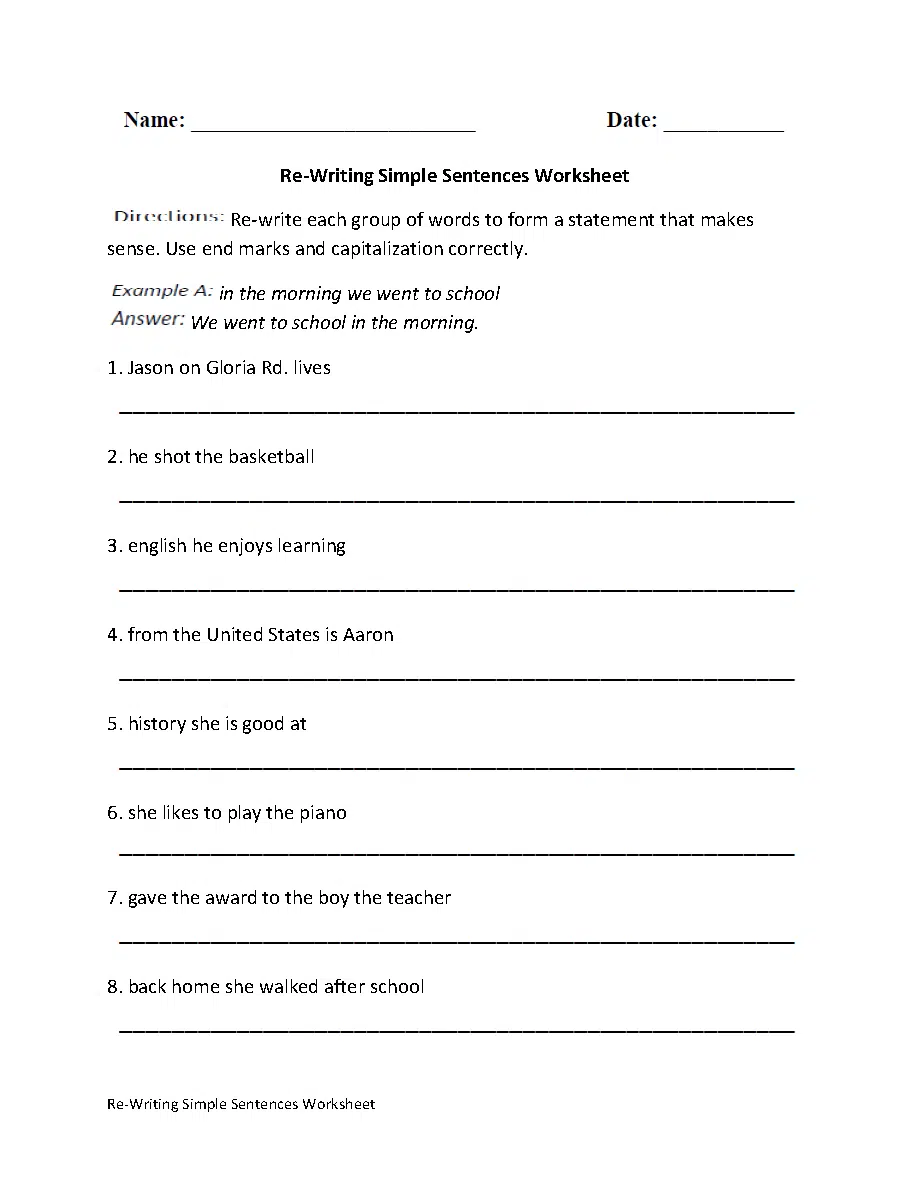 Simple Sentences Worksheets
