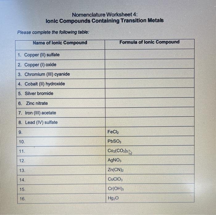 Solved Nomenclature Worksheet Lonic Compounds Containing Solved Nomenclature Worksheet Lonic Compounds Containing
