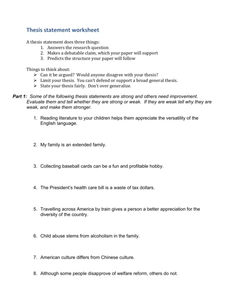 Thesis Statement Worksheets Answer Key