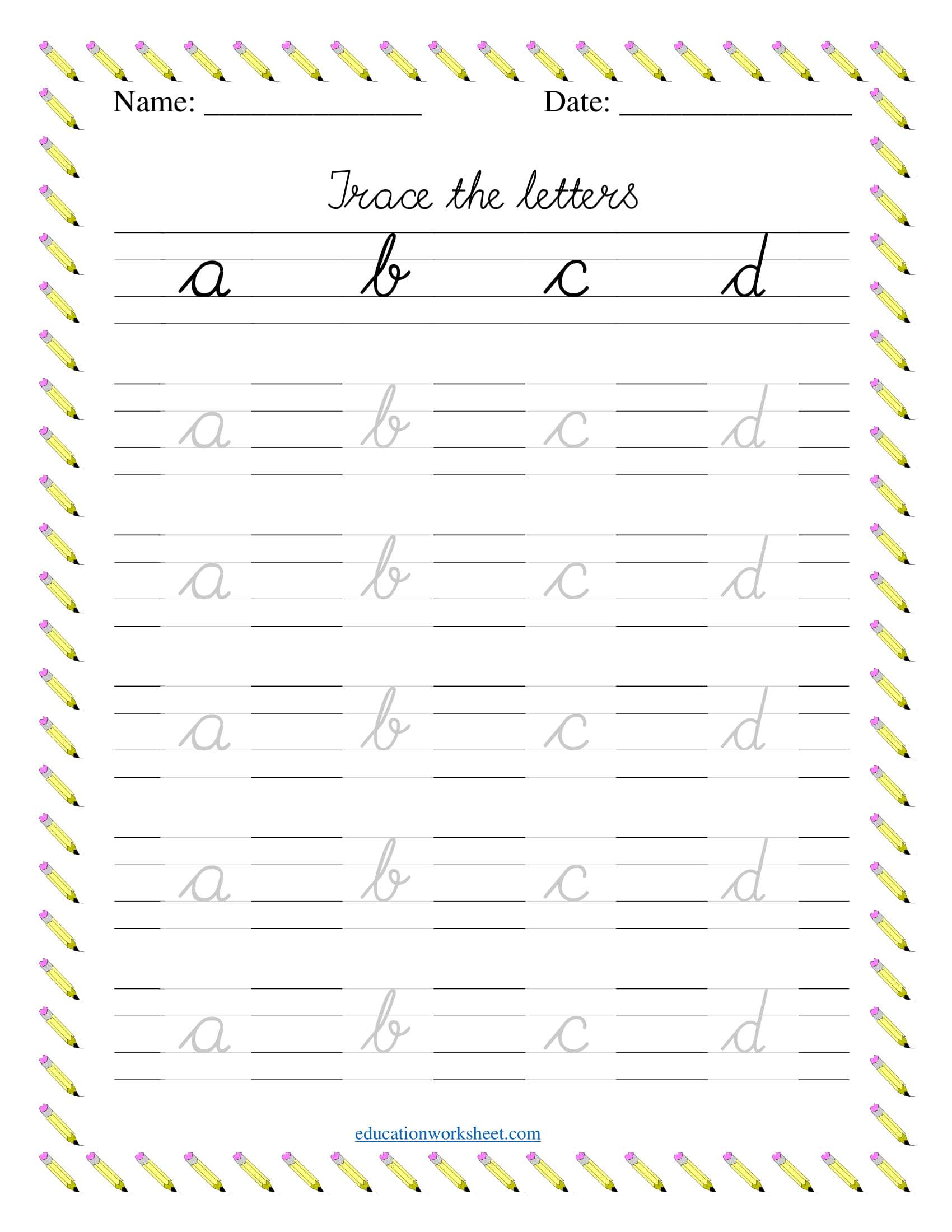 Trace Cursive Small Letter A B C D Sheet