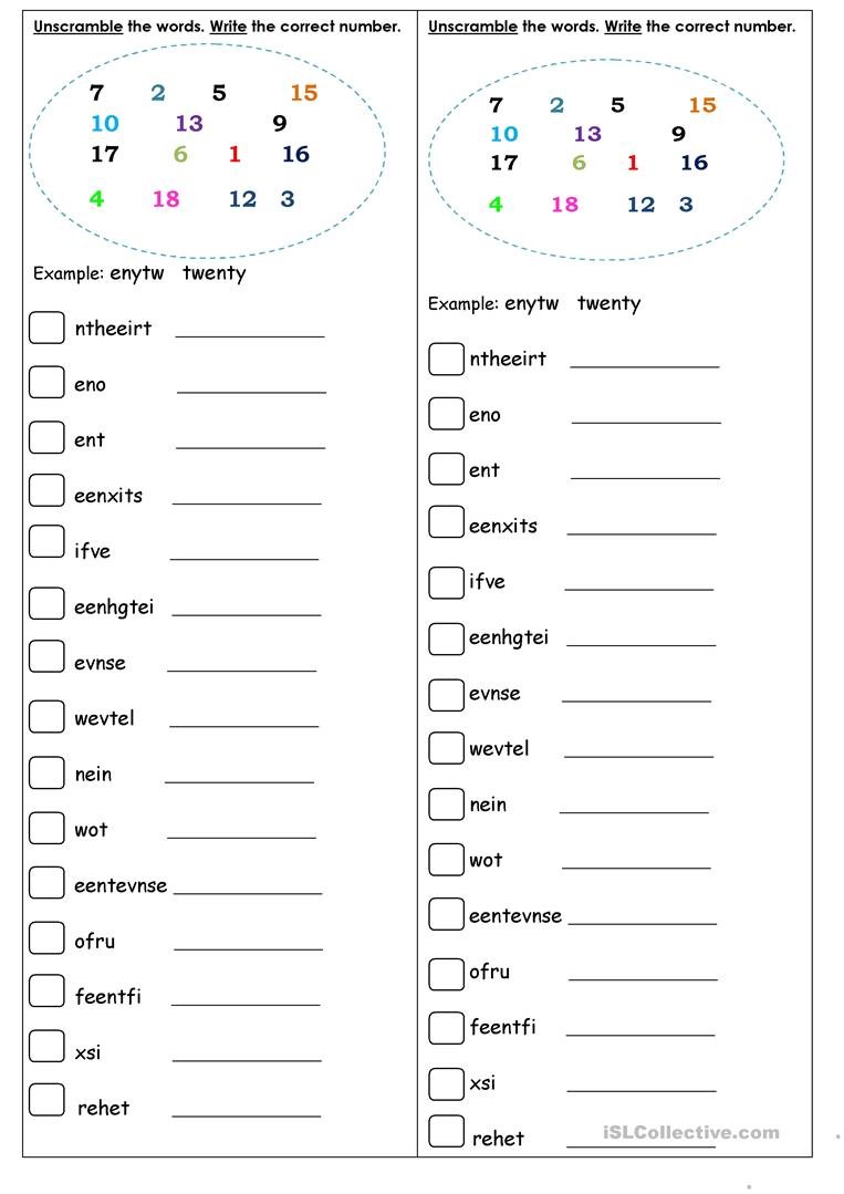 Unscramble The Words And Write The Correct Number