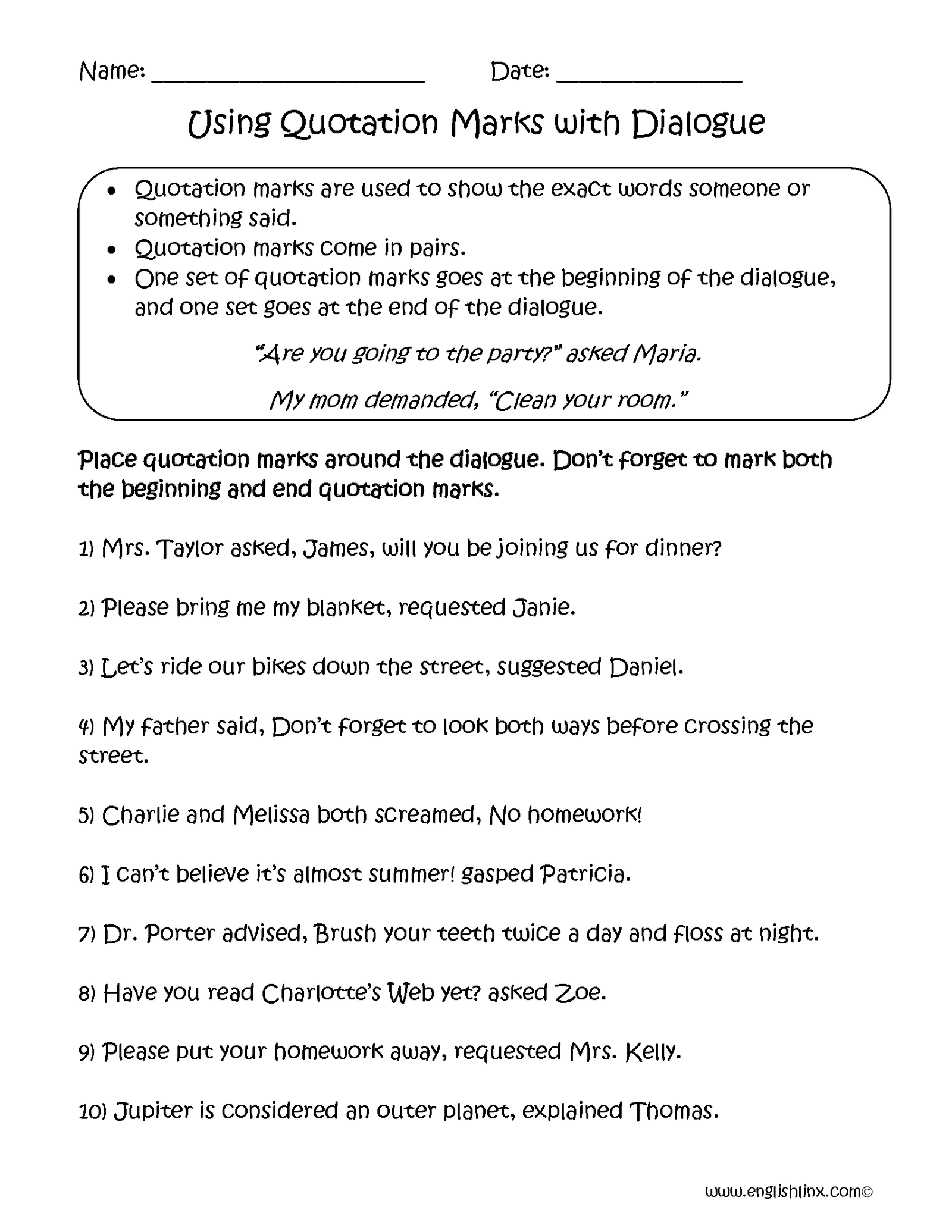 Using Quotation Marks With Dialogue Worksheets