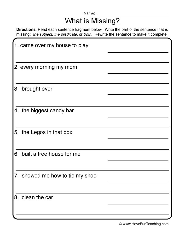What Is Missing Complete Incomplete Sentences Worksheet