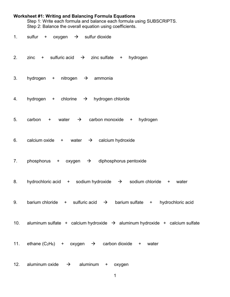 Worksheet Writing And Balancing Formula Equations