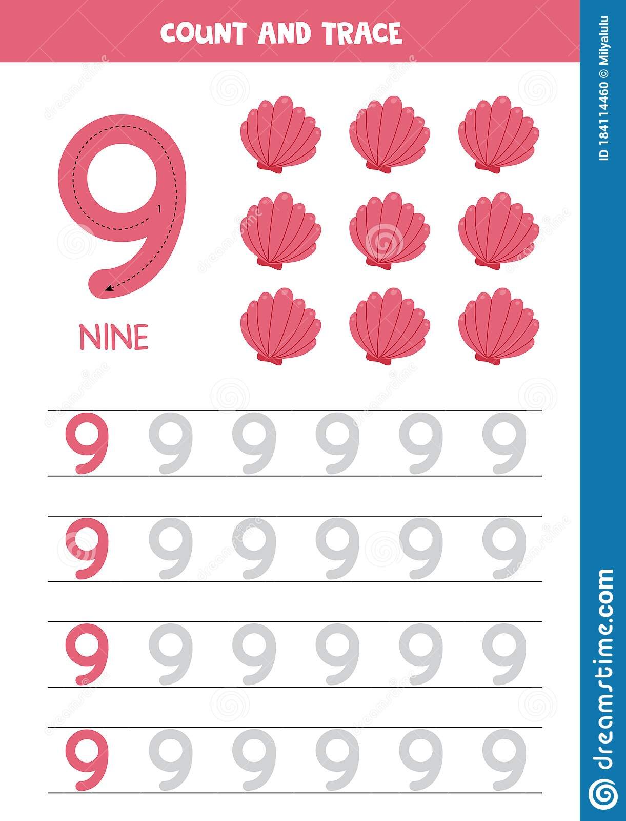 Worksheet For Learning Numbers With Cartoon Seashells Number Nine