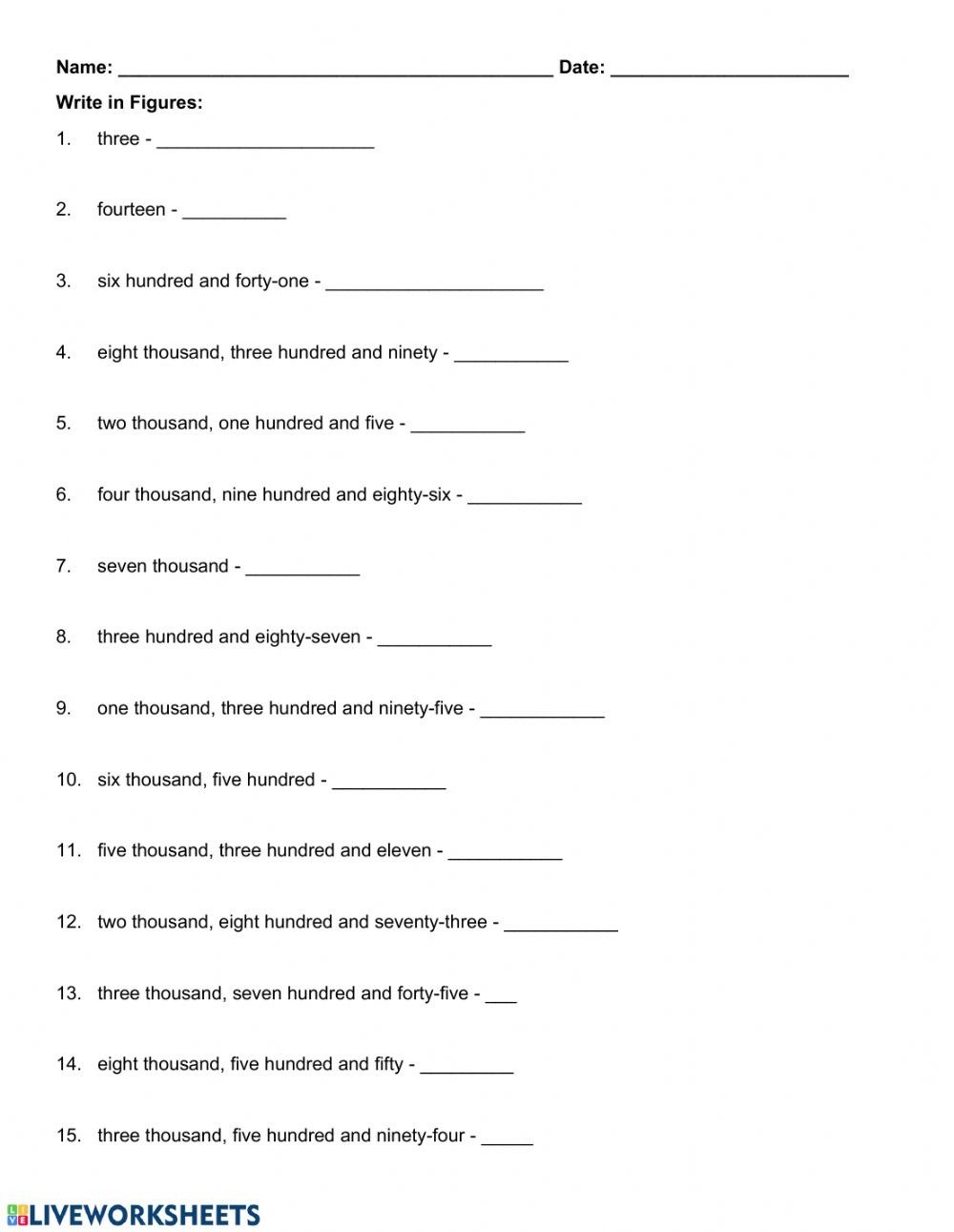 Write In Figures Worksheet