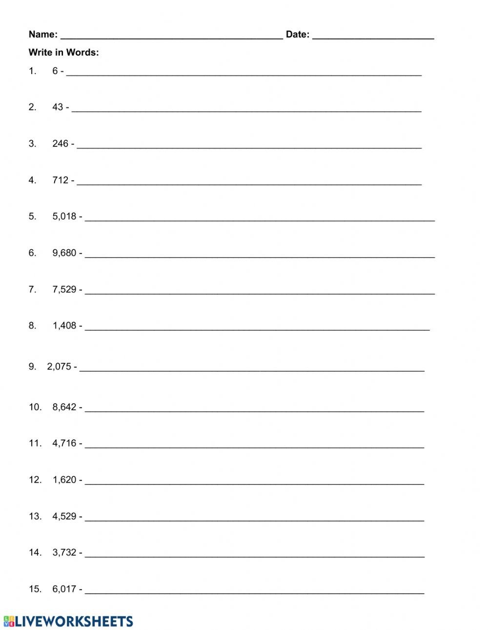 Write In Words Worksheet