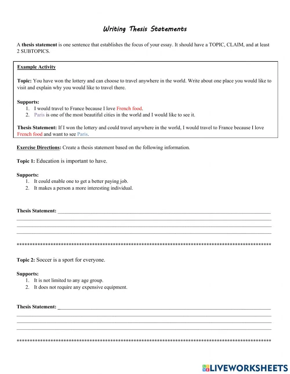 Writing Thesis Statement Worksheets Answer Key