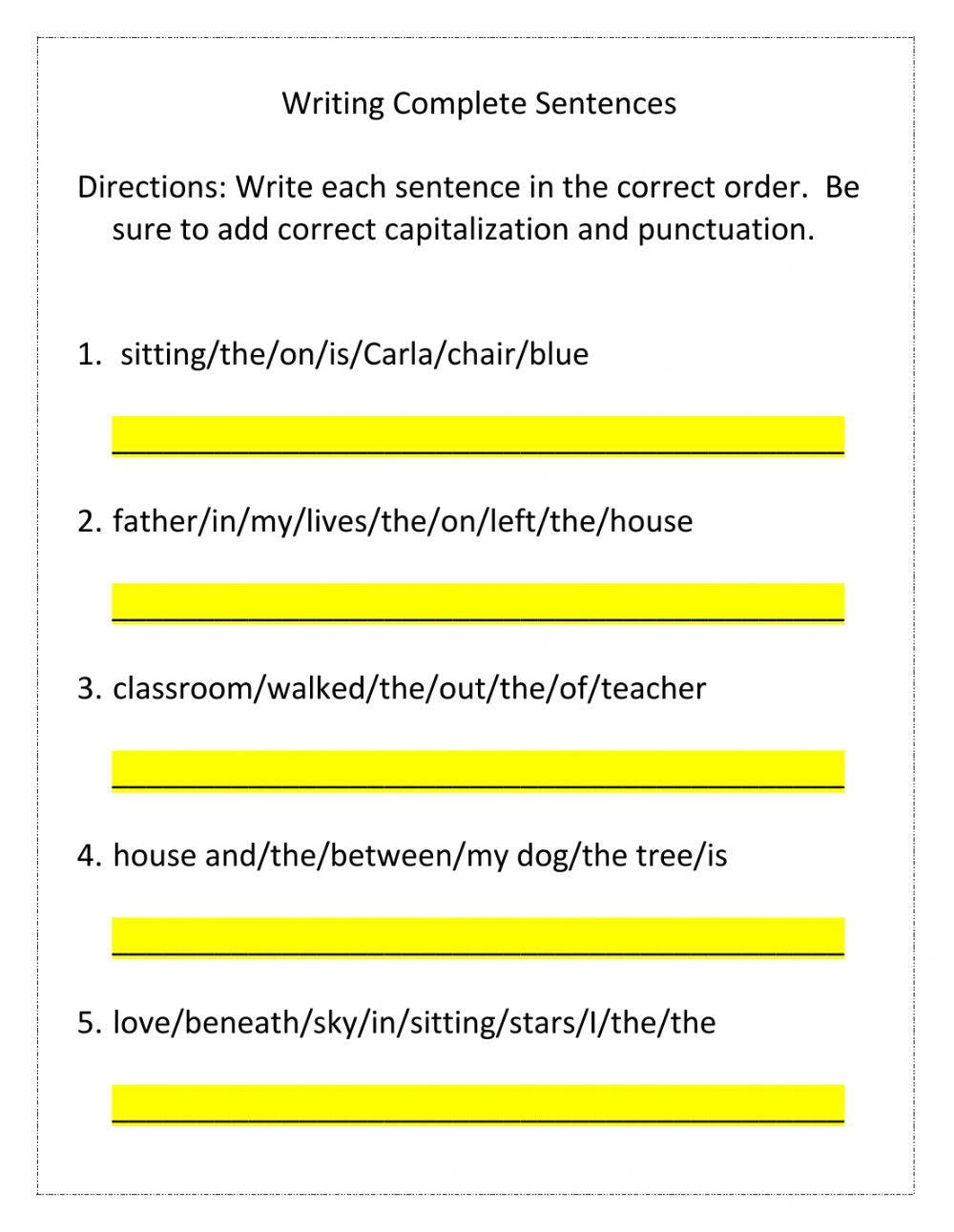 Writing Complete Sentences Worksheet