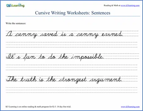Cursive Writing Sentences Worksheets