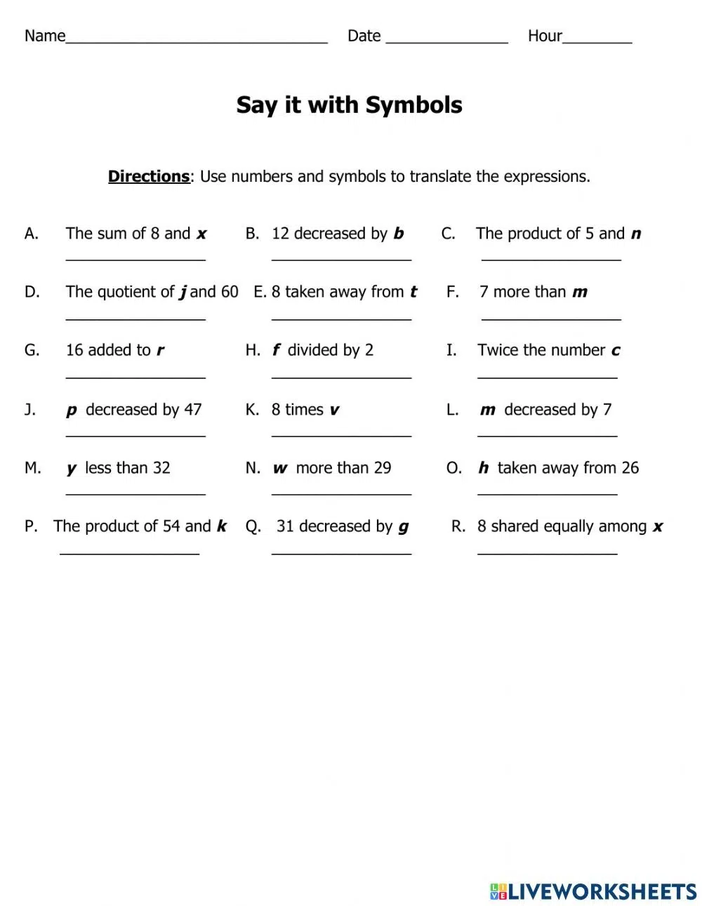 Writing Algebraic Expressions Worksheets