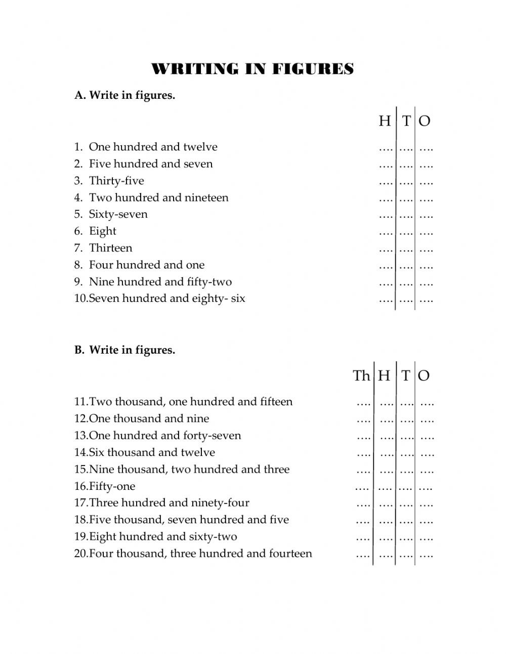 Writing In Figures Worksheet