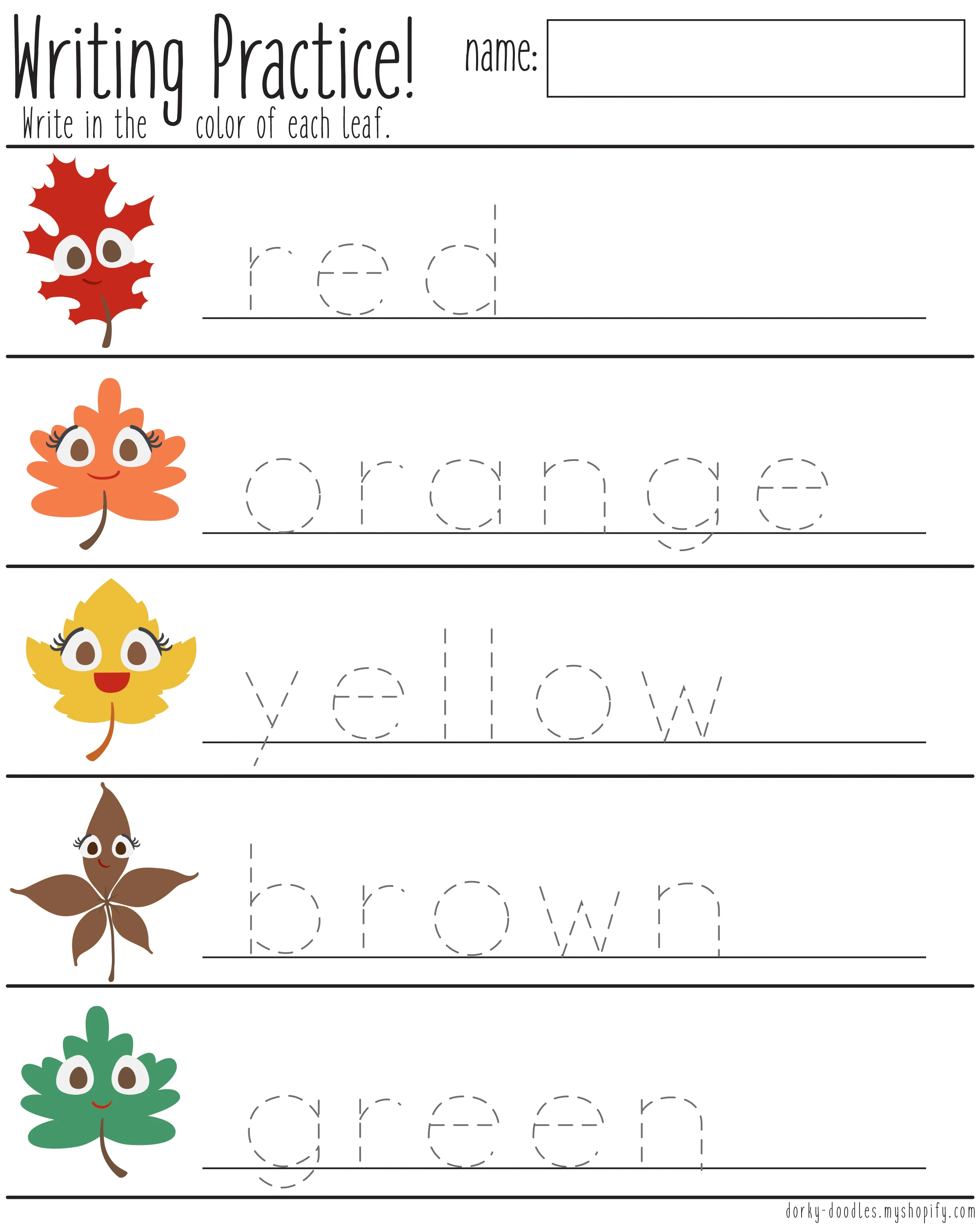 Leaves Color And Writing Practice